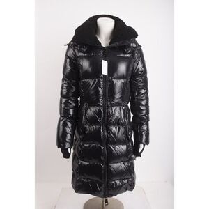 SAM NY Womens Savannah Down Hooded Puffer Coat Jacket XS Black Shearling Collar